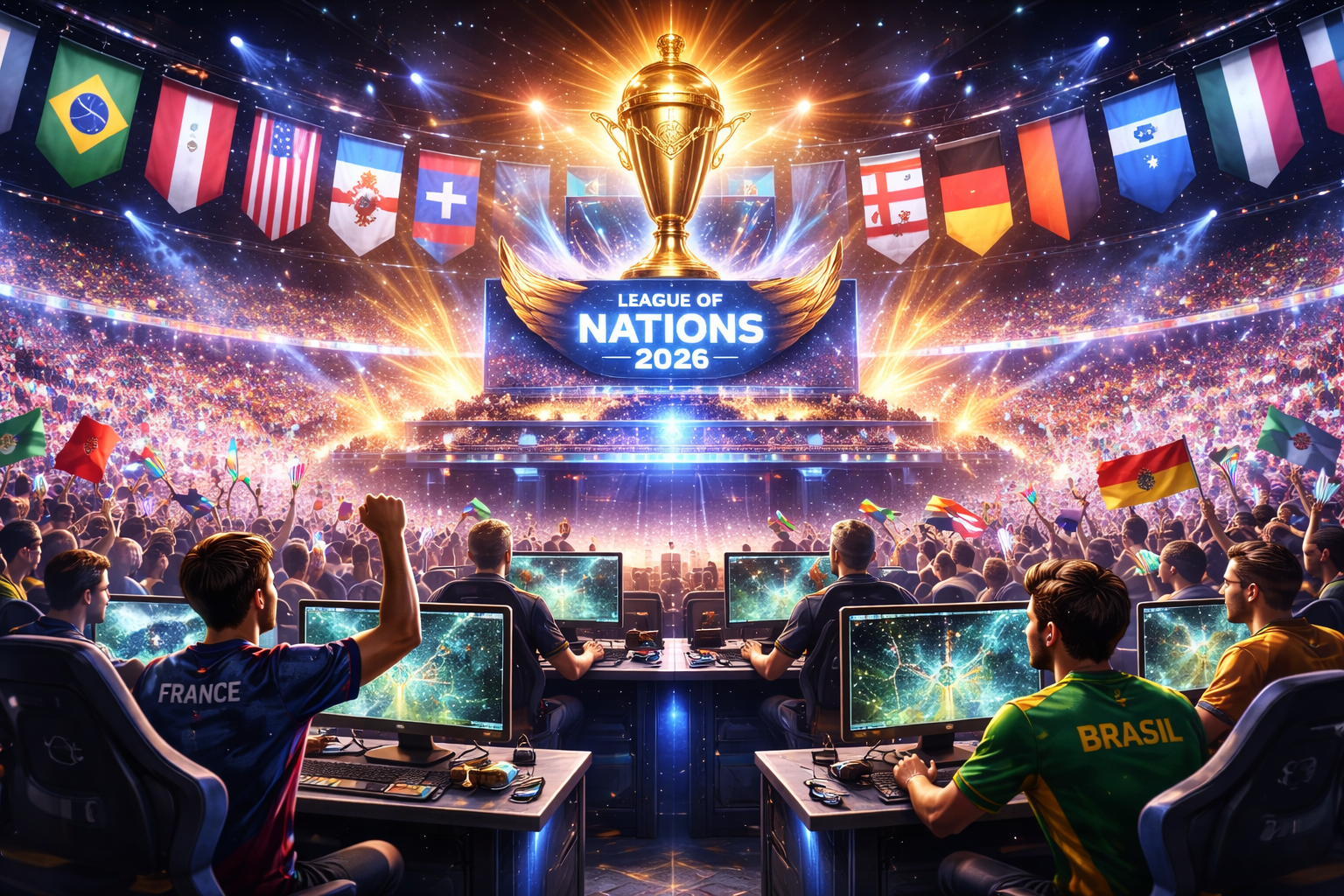 Arena llena con selecciones nacionales compitiendo en League of Legends para la Esports Nations Cup 2026, con un trofeo dorado al centro