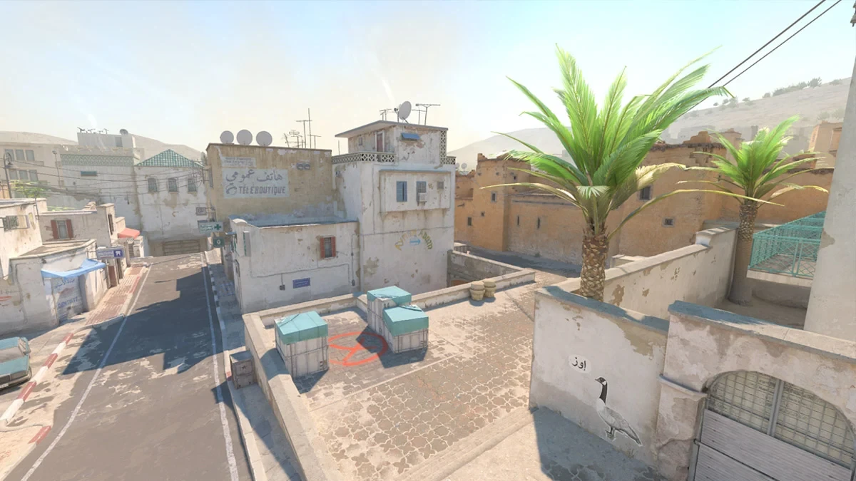 Vista aérea del sitio de bomba A en Dust2.