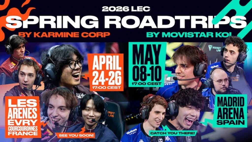 Imagen que muestra las fechas de los Spring Roadtrips 2026 de League of Legends.