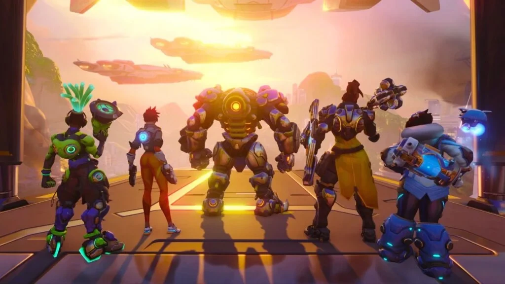 Cinco héroes de Overwatch frente al sol poniente