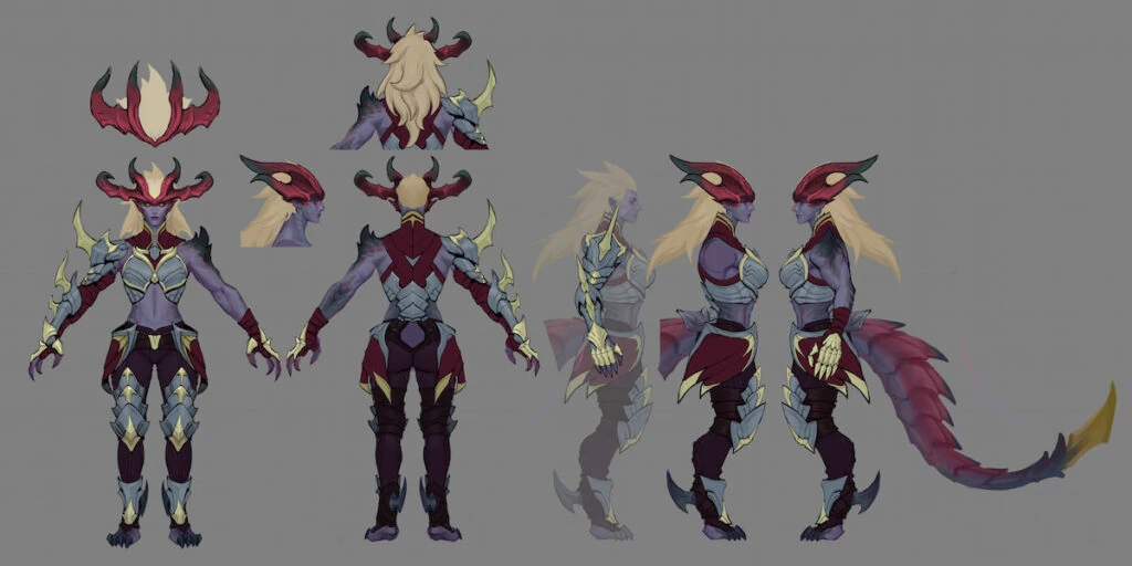 Imagen que muestra el concepto del modelo de la campeona Shyvana en League of Legends.