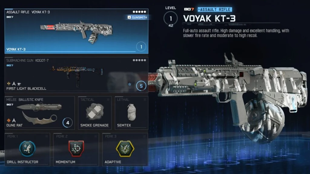 La mejor configuración de clase de Voyak KT-3 en Warzone, mostrando la mejor secundaria, perks y equipamiento para usar