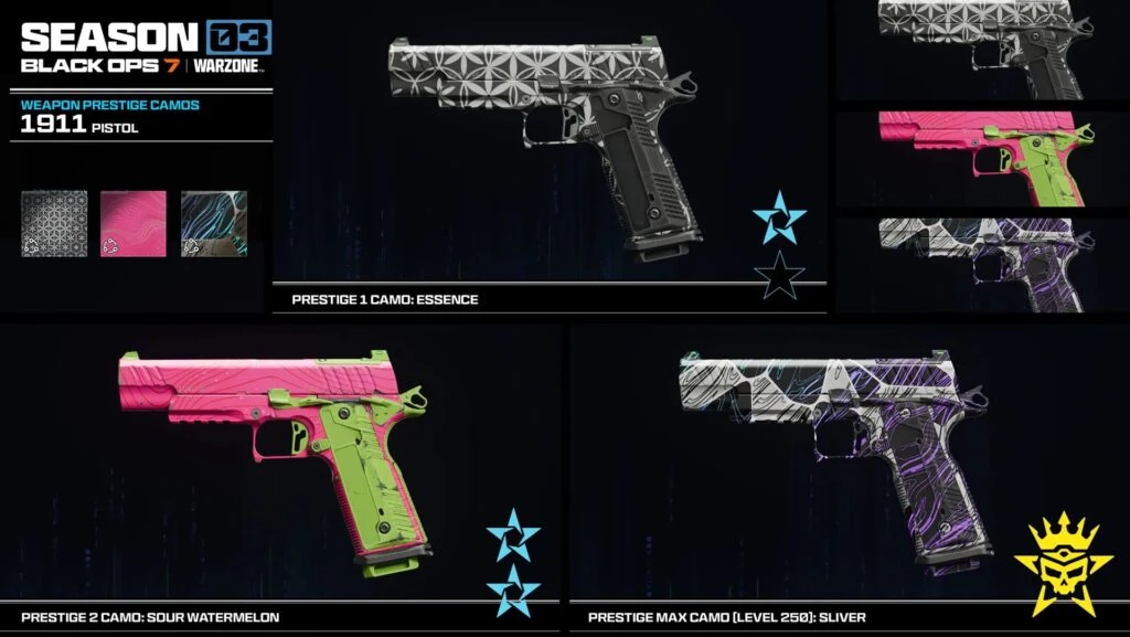 Camuflajes Prestige de la pistola 1911 en BO7 y Warzone