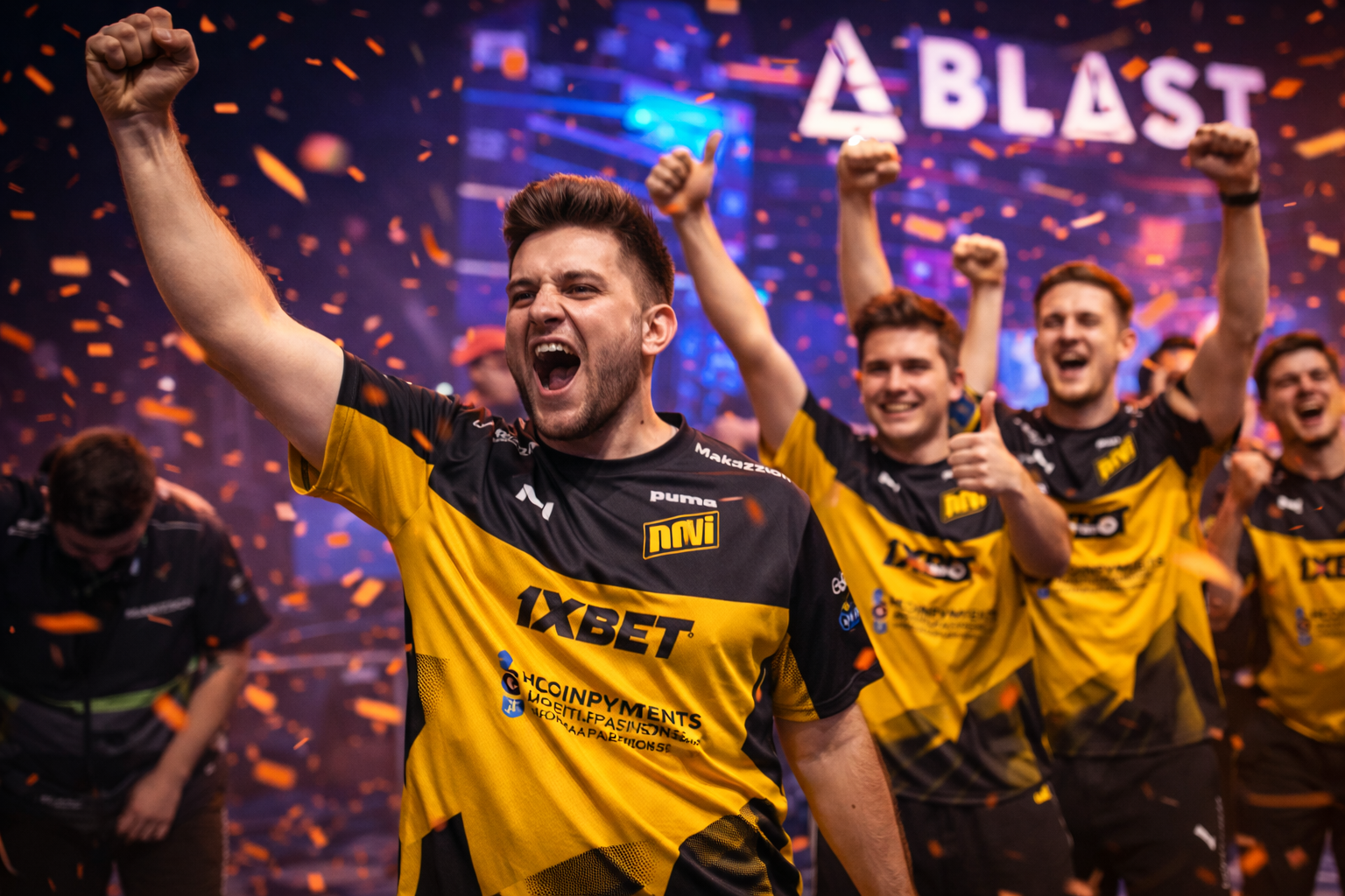 Equipo celebrando en una arena de Counter-Strike, con confeti, luces potentes y un ambiente competitivo bien brigido