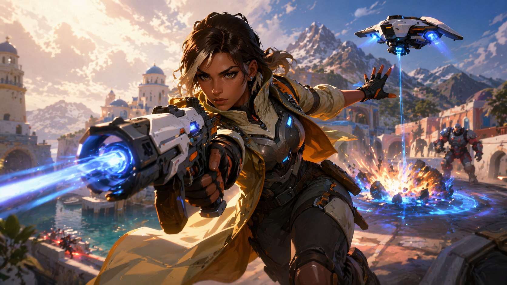 Sierra en plena acción en Overwatch, usando su dron y su rifle en un combate futurista con estilo competitivo de e-sports