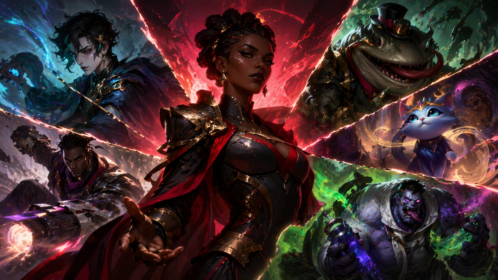 Mel al centro de una escena intensa de League of Legends junto a otros campeones en una composición épica de estilo e-sports