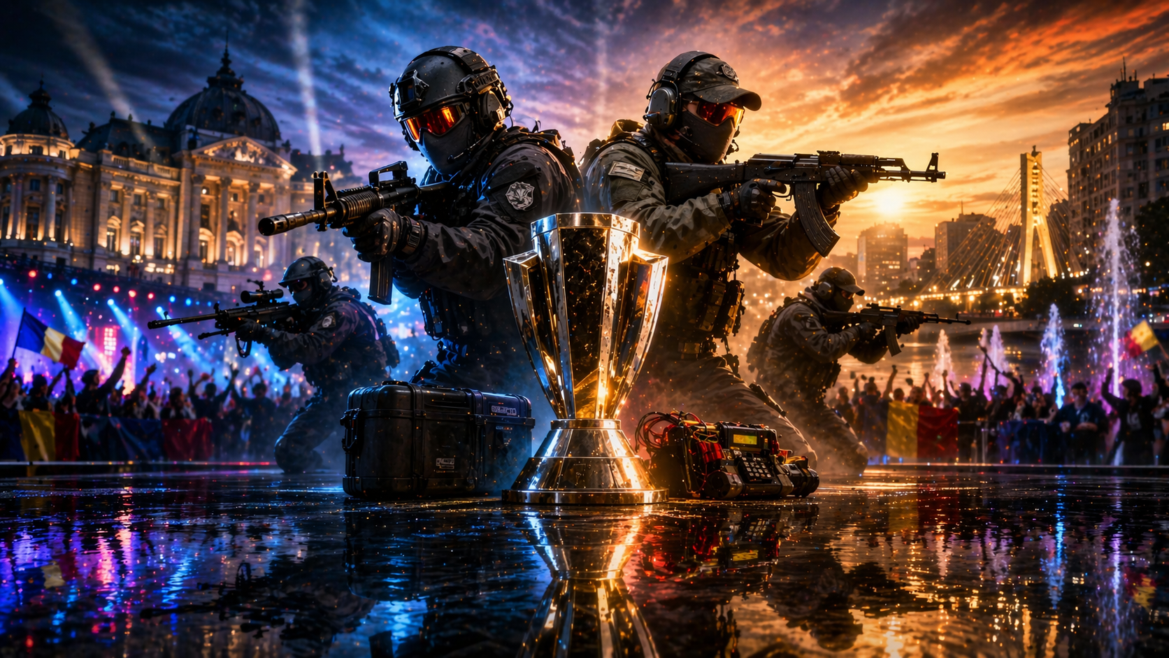 Trofeo de PGL Bucharest 2026 rodeado por jugadores de Counter-Strike en una escena intensa de torneo con vibra e-sports