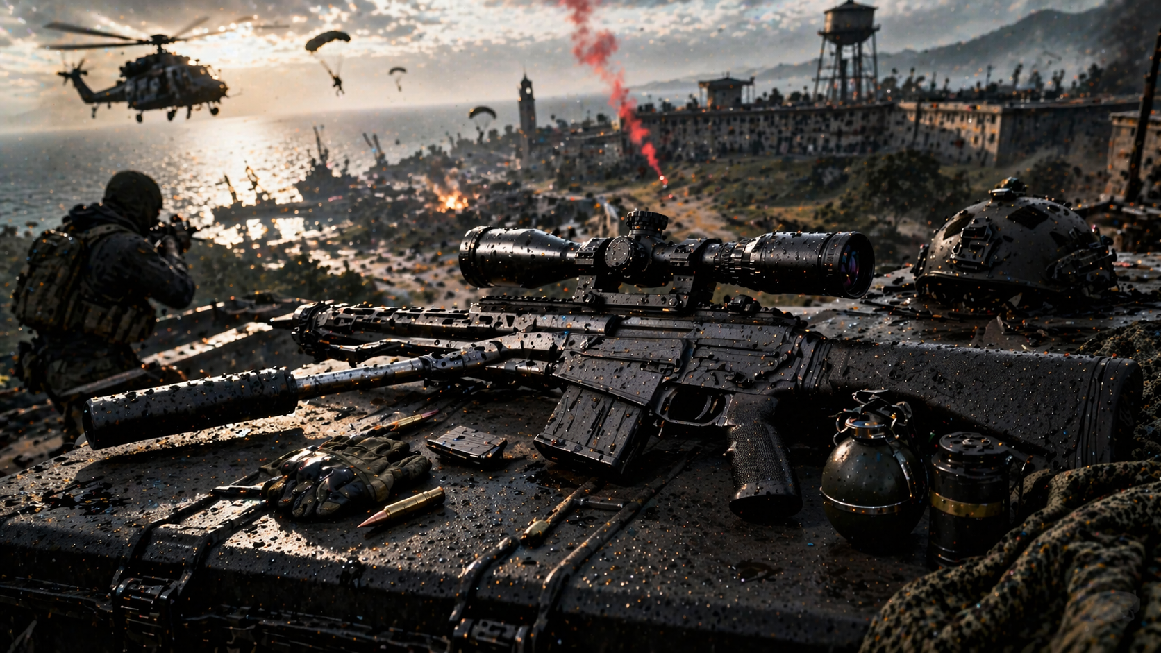 Rifle Strider 300 en una escena de combate de Warzone, listo para tiros de larga distancia con estilo competitivo