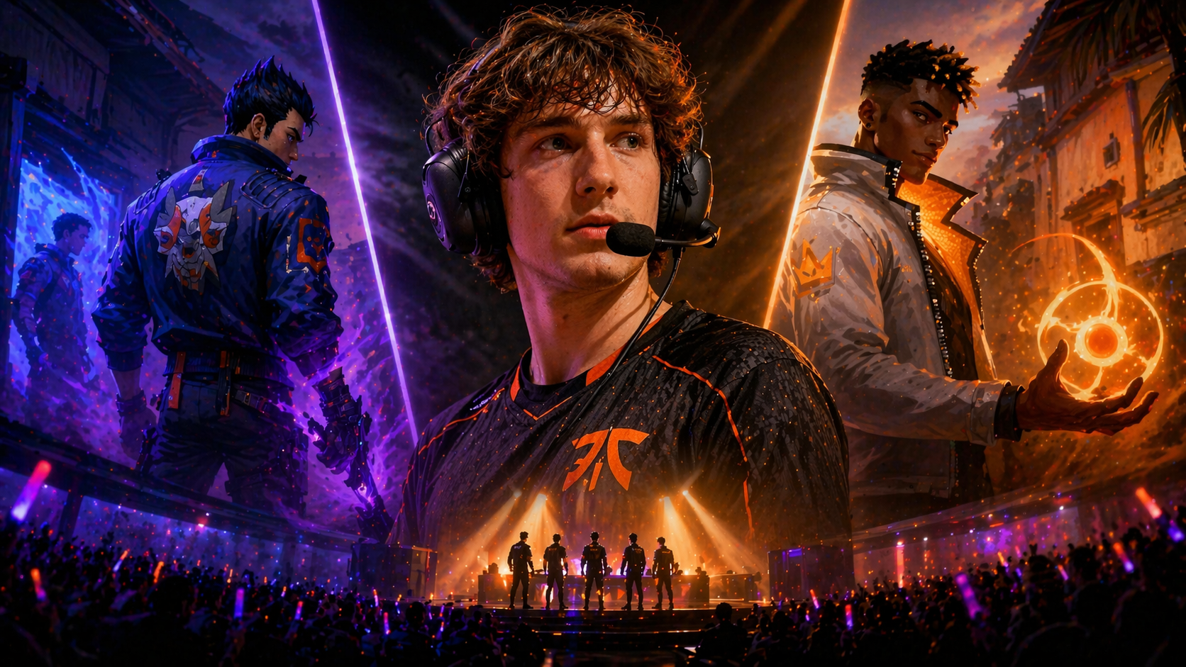 Boaster al centro de una escena competitiva de VALORANT con una vibra de cambio de meta y ambiente de VCT