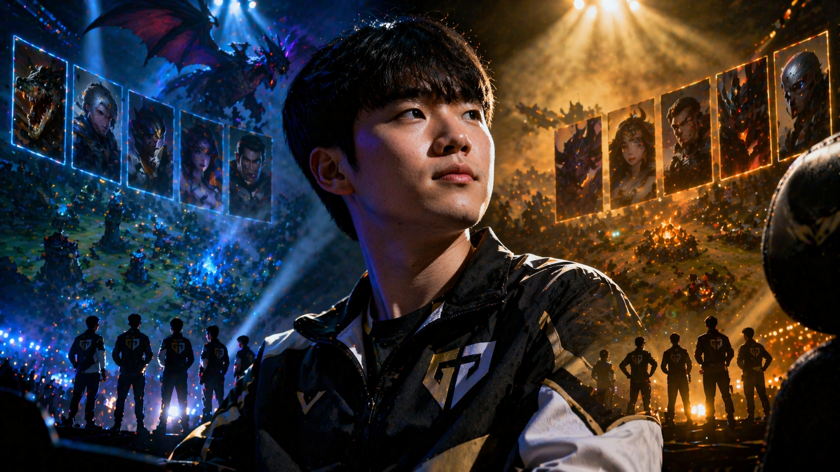 Kiin de Gen.G en una escena competitiva de League of Legends con ambiente de draft, análisis y torneo internacional