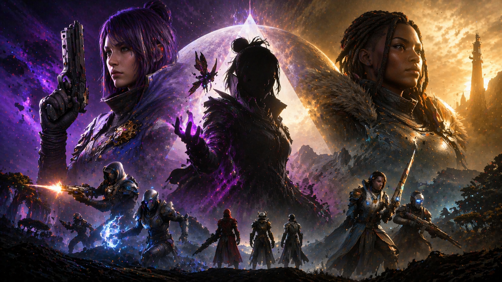 Personajes de Destiny Rising en una escena futurista con estética sci-fi, vibra de banner y foco en los próximos héroes