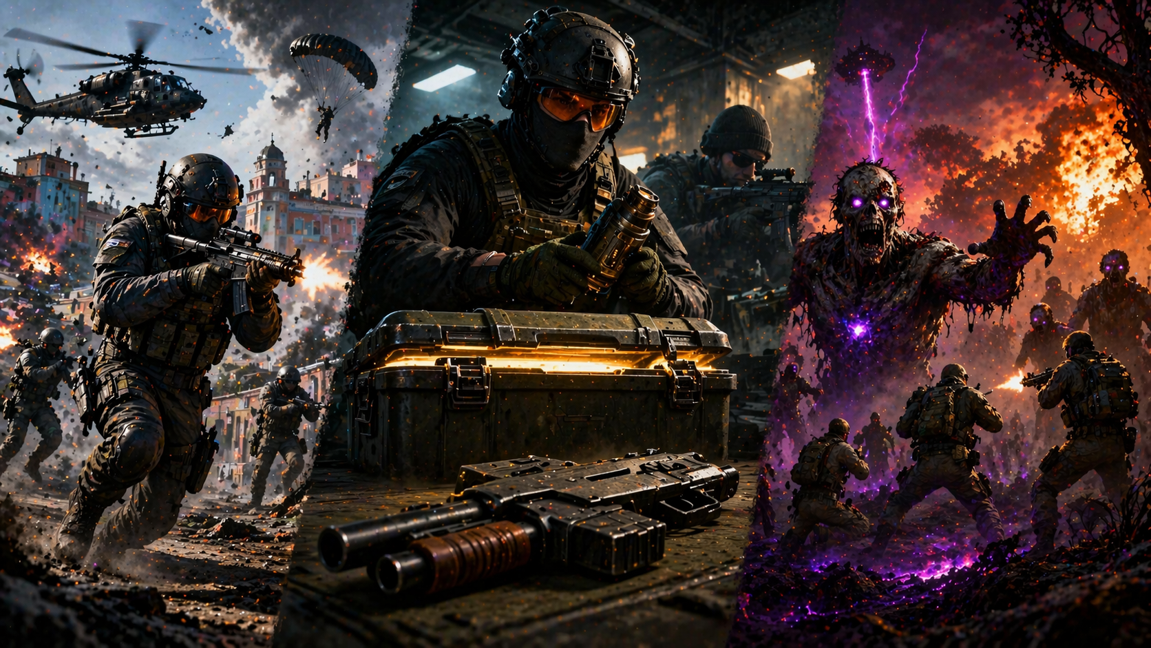 Escena intensa de BO7 y Warzone con combate militar, recompensas de temporada y una amenaza zombie en estilo competitivo