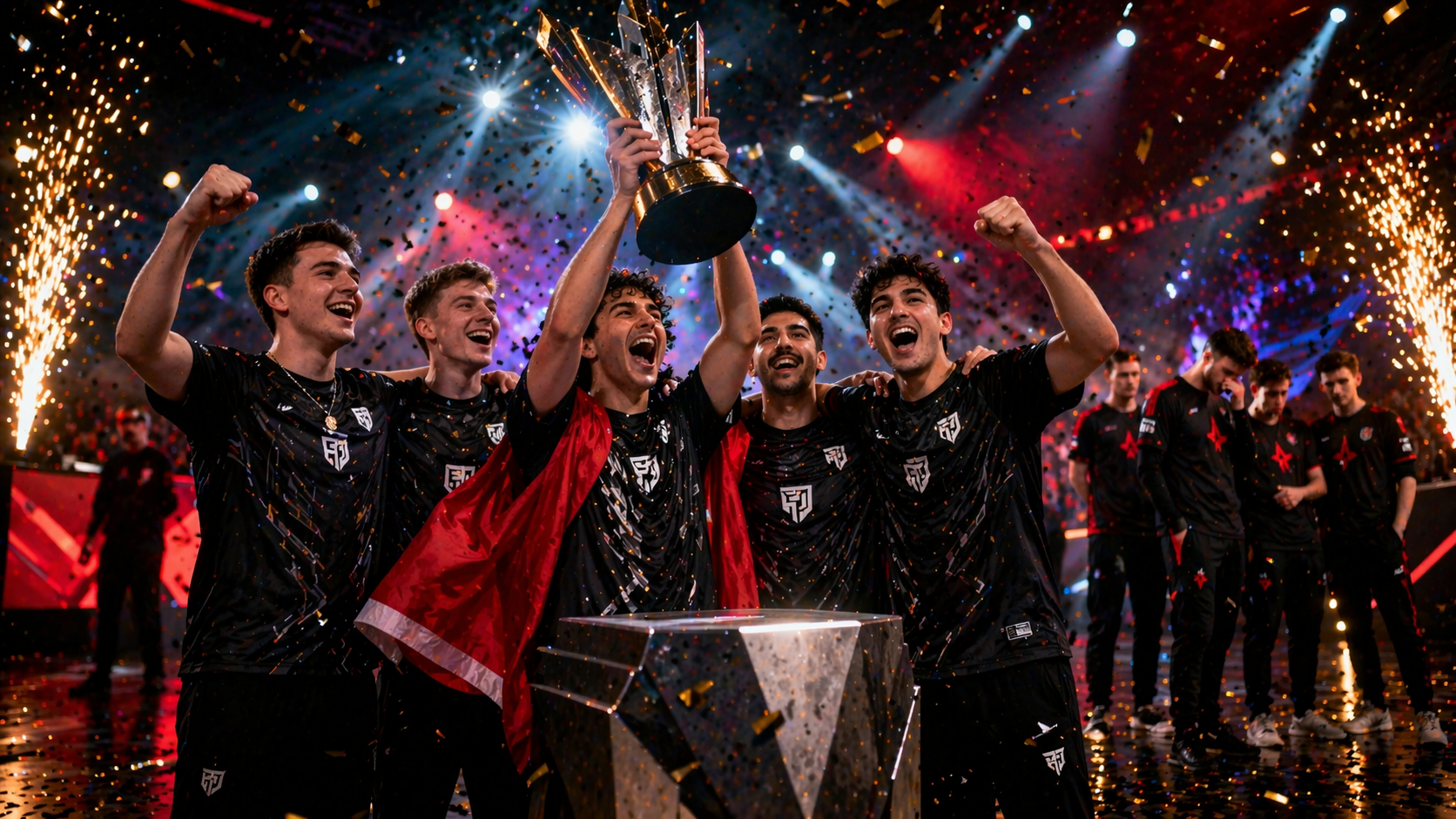 Jugadores de FUT celebrando su título en PGL Bucharest 2026 con el trofeo en alto y una atmósfera full competitiva
