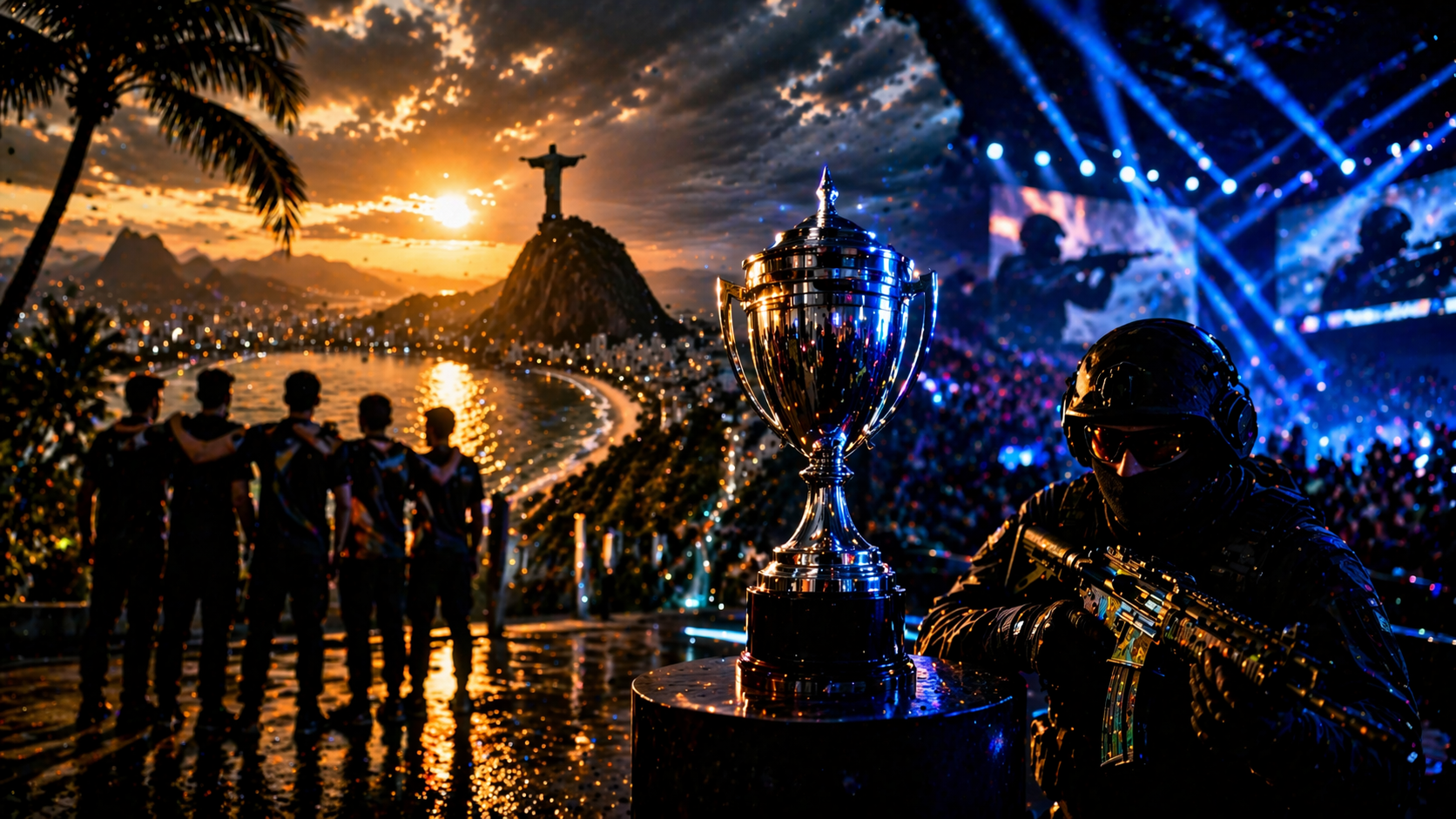 Trofeo de IEM Rio 2026 frente a una escena de Counter-Strike con atmósfera de gran torneo, luces de arena y vibra competitiva en Brasil