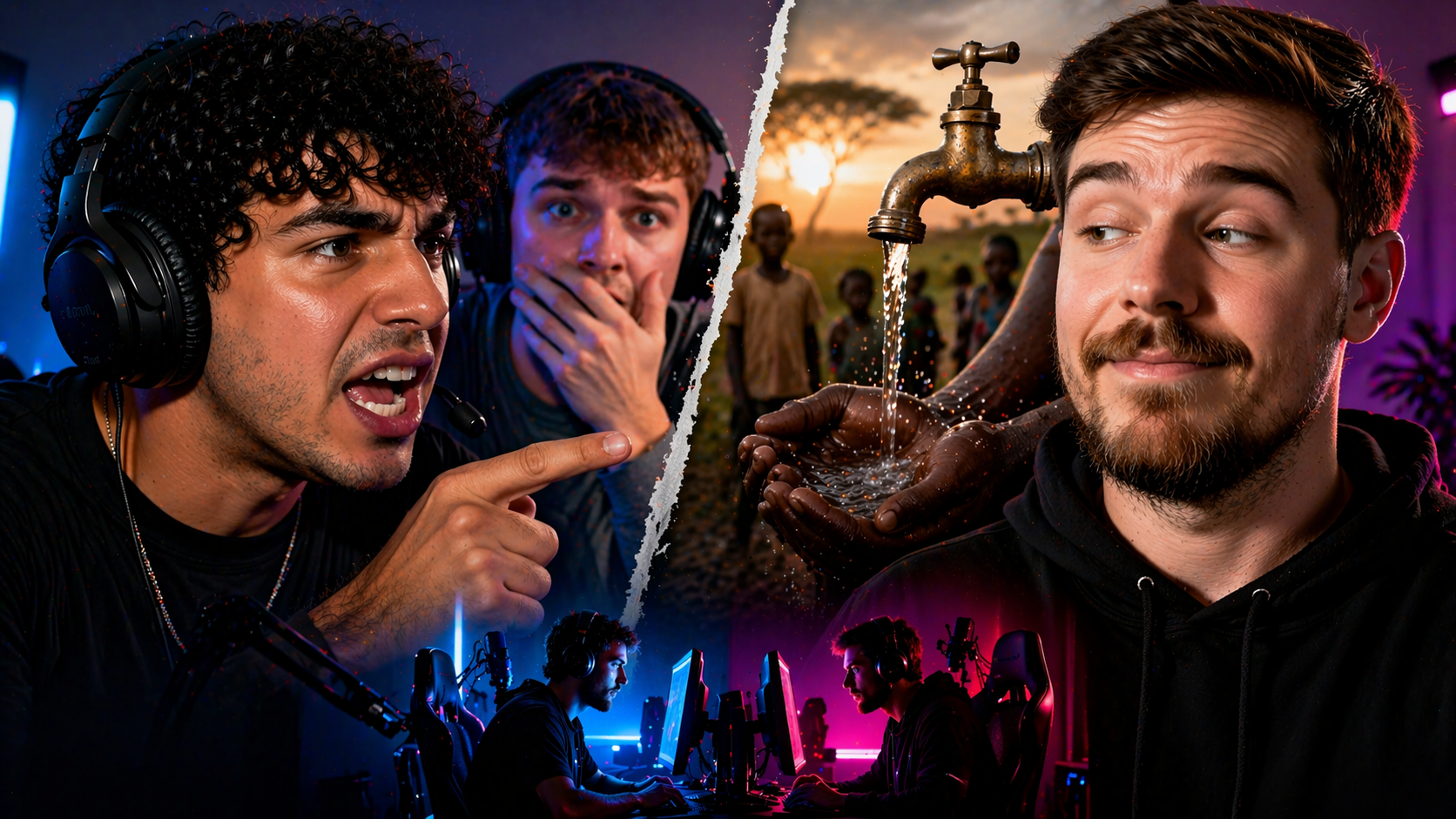 StableRonaldo y MrBeast en una imagen de tensión entre streamers, con referencia visual a Team Water y una puesta en escena de alto impacto