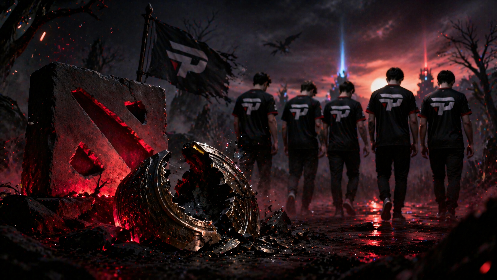 Jugadores de paiN Gaming alejándose de una escena inspirada en Dota 2, con una atmósfera de cierre de ciclo y salida del competitivo