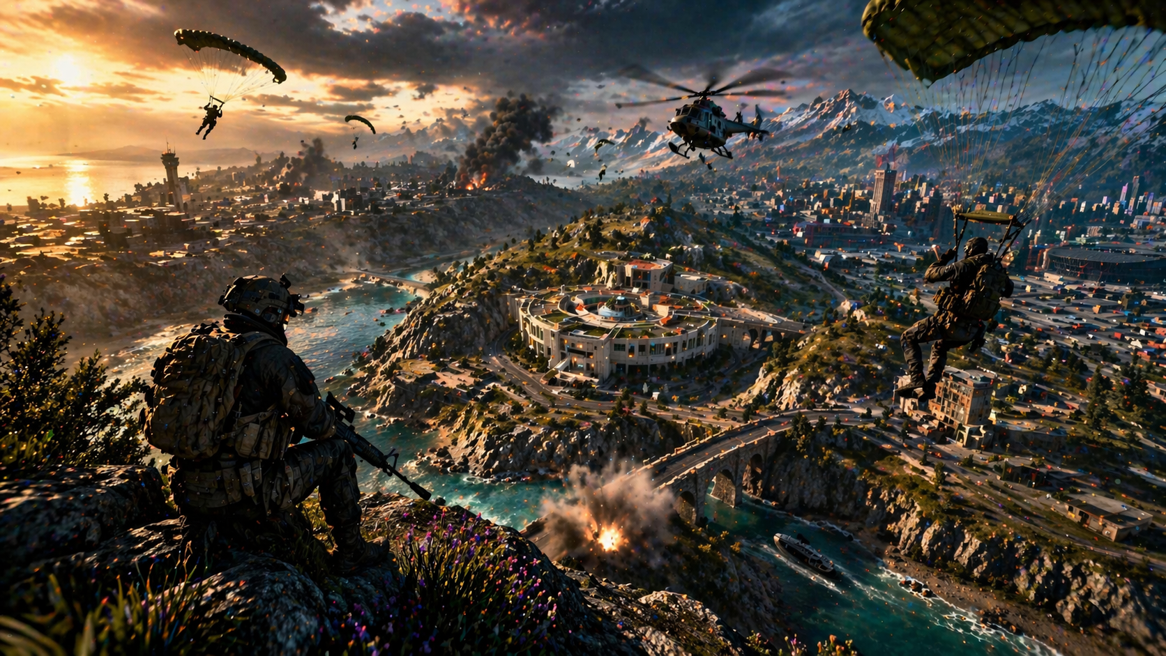 Avalon en Warzone en una escena de Battle Royale con despliegue aéreo, combate a gran escala y una vibra intensa de mapa grande