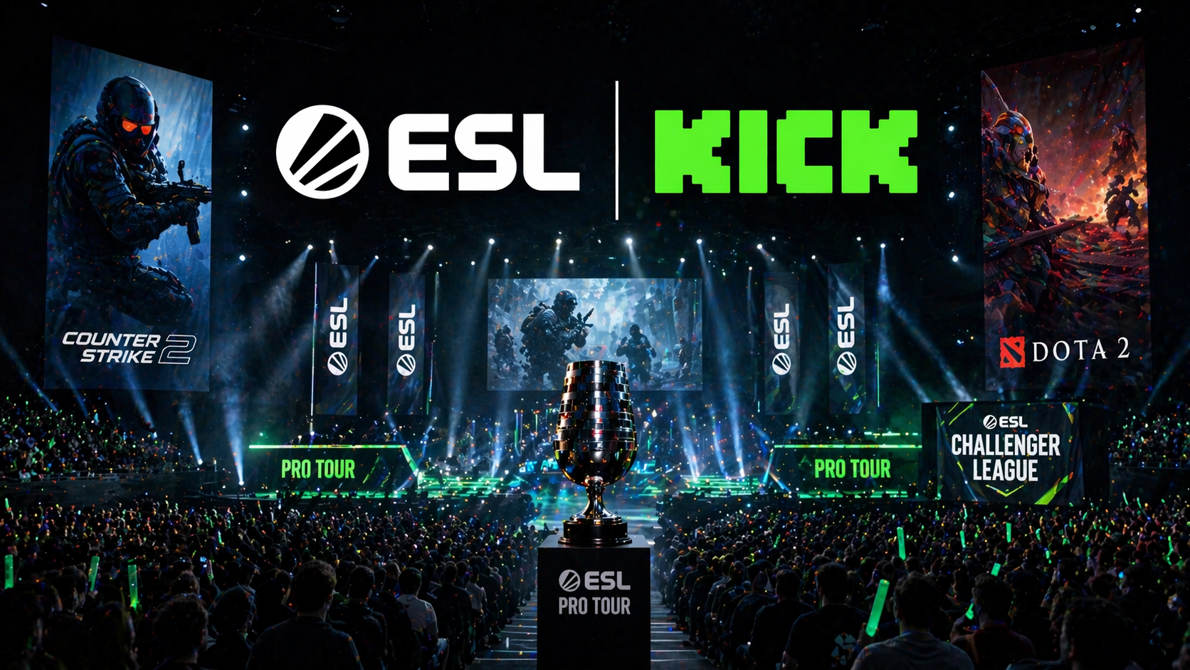 Arena de e-sports con trofeo central y ambiente de transmisión competitiva, inspirada en la llegada de ESL a Kick para CS2 y Dota 2