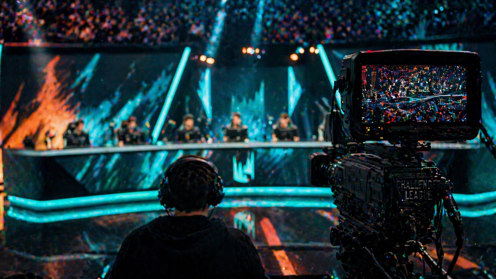 Transmisión en vivo de la LEC con cámara de broadcast, escenario iluminado y una atmósfera tensa de producción en pleno show
