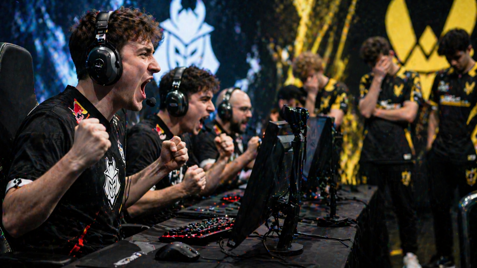 G2 celebrando una victoria clave sobre Vitality en IEM Rio 2026, con una escena intensa de Counter-Strike y máxima tensión competitiva