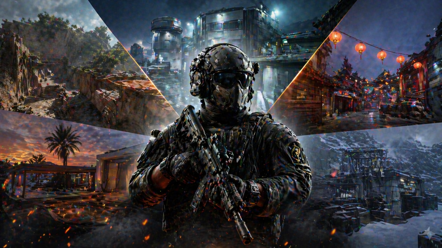 Operador de Black Ops 7 en una escena competitiva rodeado por distintos mapas de Ranked Play, con una estética intensa y full e-sports