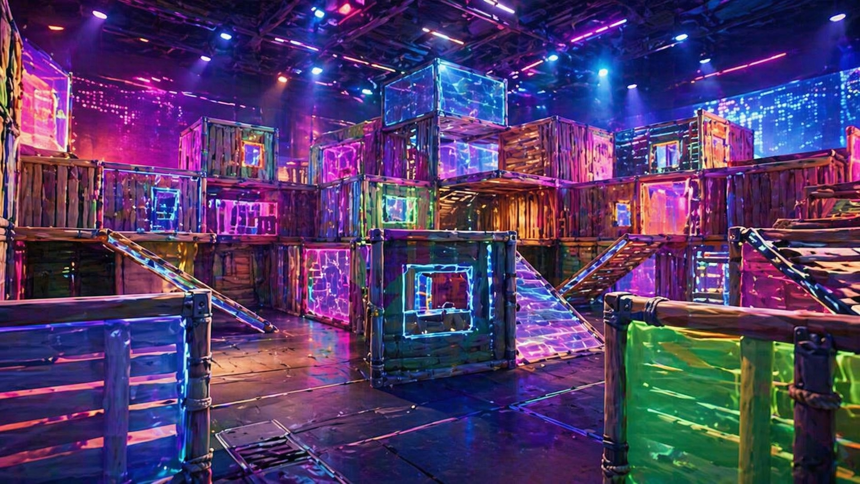 Arena de entrenamiento de boxfights en Fortnite con estructuras cerradas y ambiente e-sports