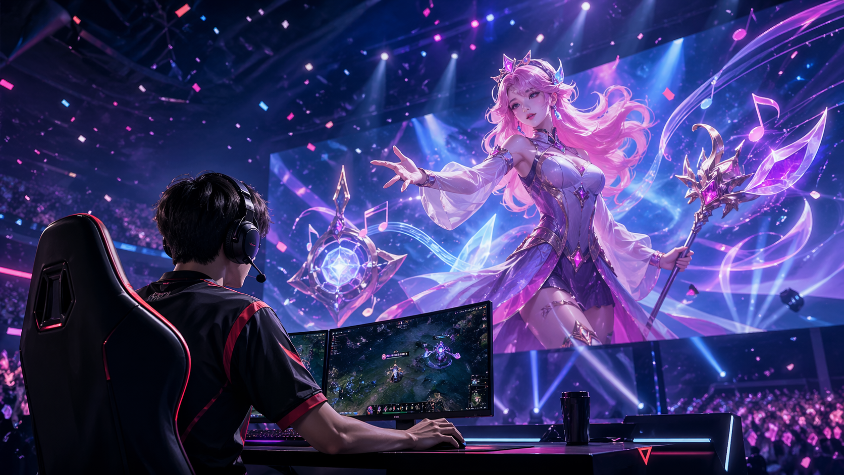 Jugador de League of Legends en un escenario de e-sports con una estética inspirada en Seraphine