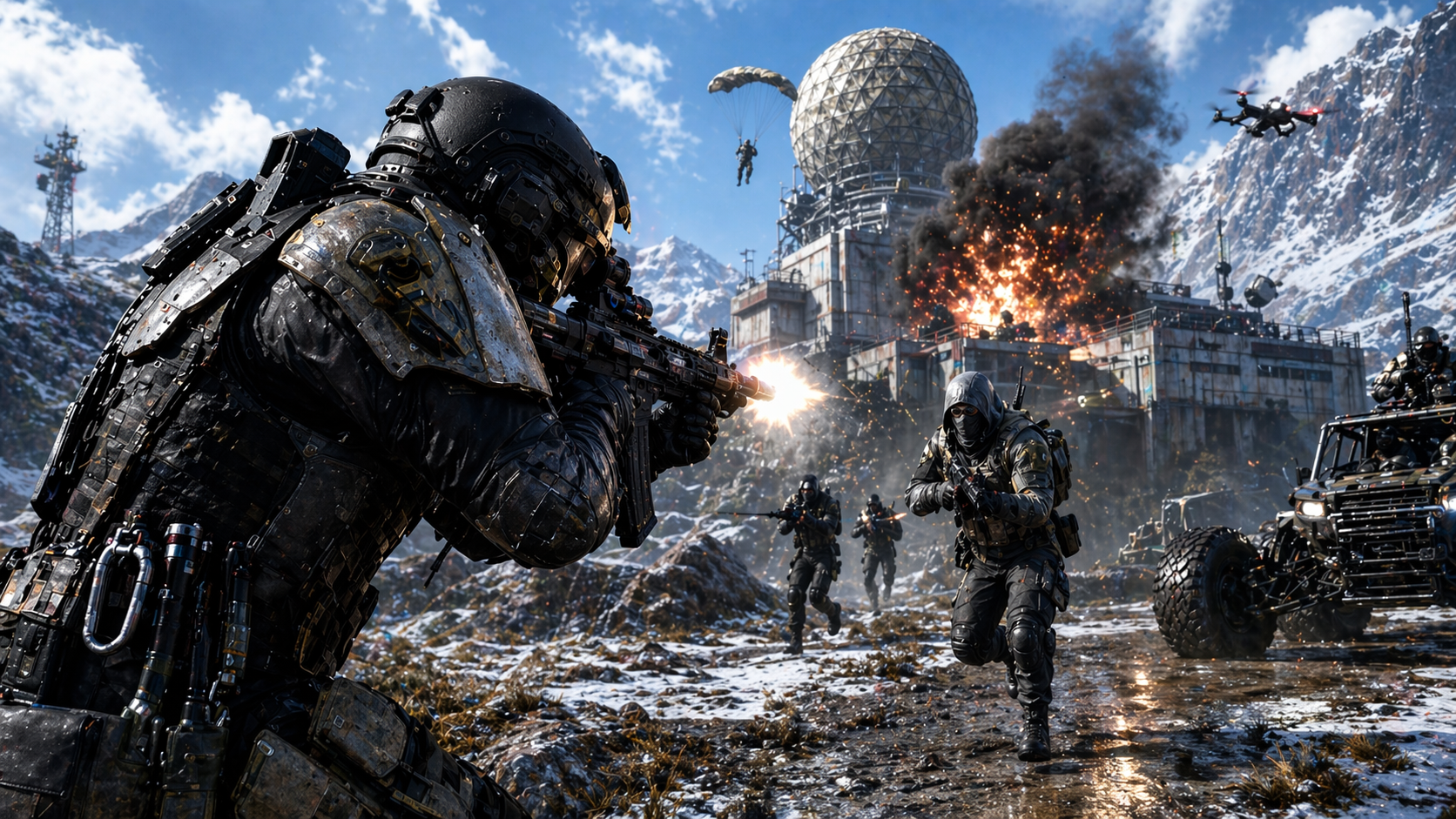 Escena de combate en un mapa nevado de Black Ops 7 con acción intensa y estética competitiva