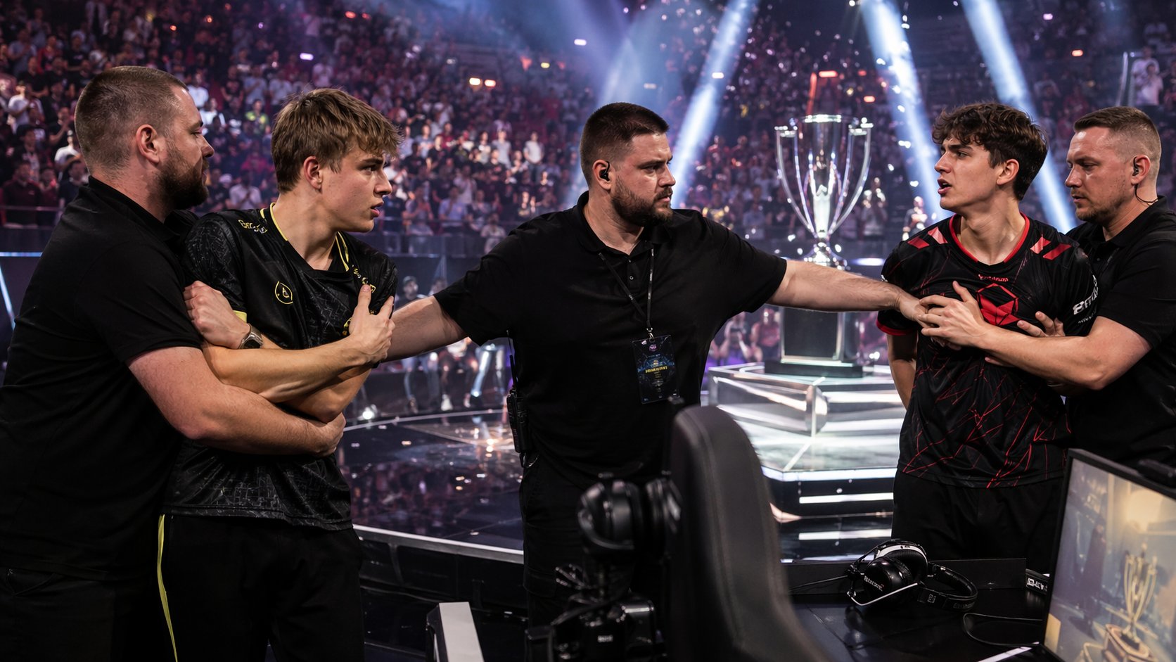 Tenso cruce entre jugadores de CS2 en un escenario de e-sports mientras el staff interviene