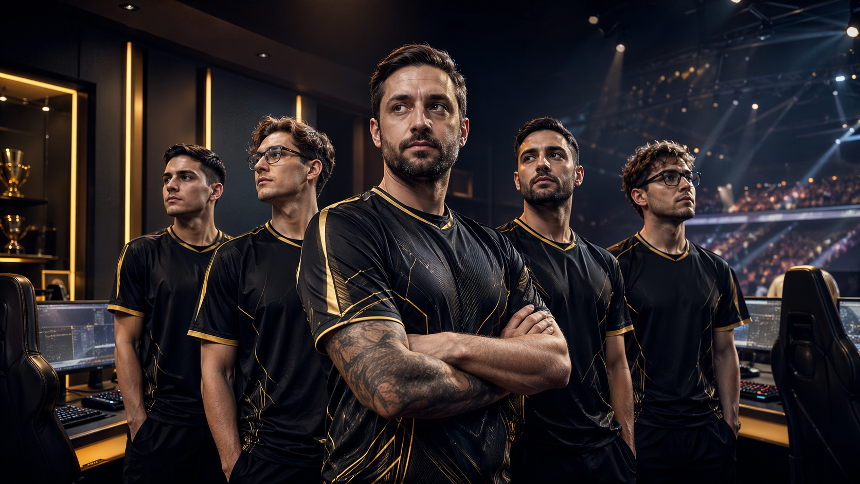 Equipo de CS2 con su nuevo líder en una escena de e-sports con ambiente competitivo