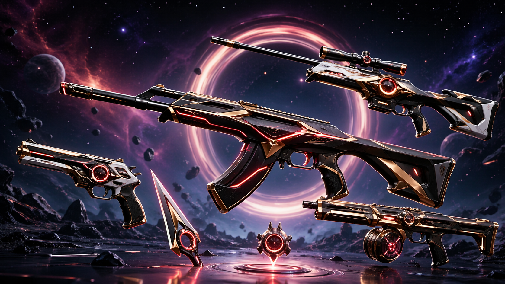 Bundle Holo Meridian de VALORANT con armas futuristas y estética espacial