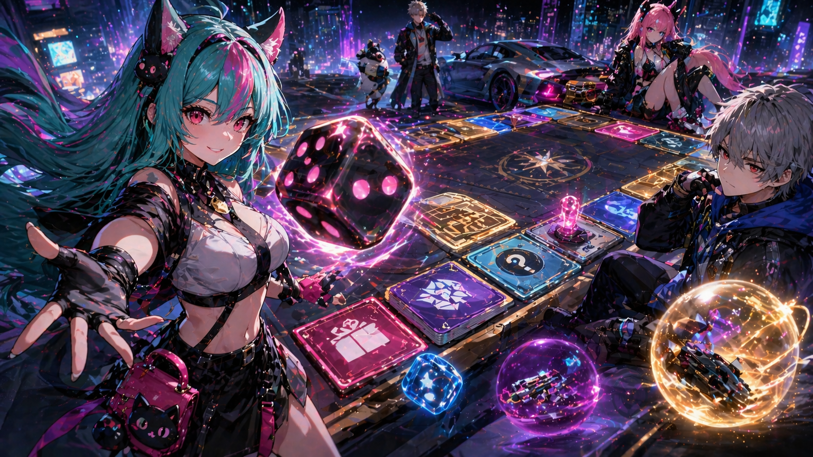 Sistema gacha de Neverness to Everness con dados, tablero futurista y estética anime