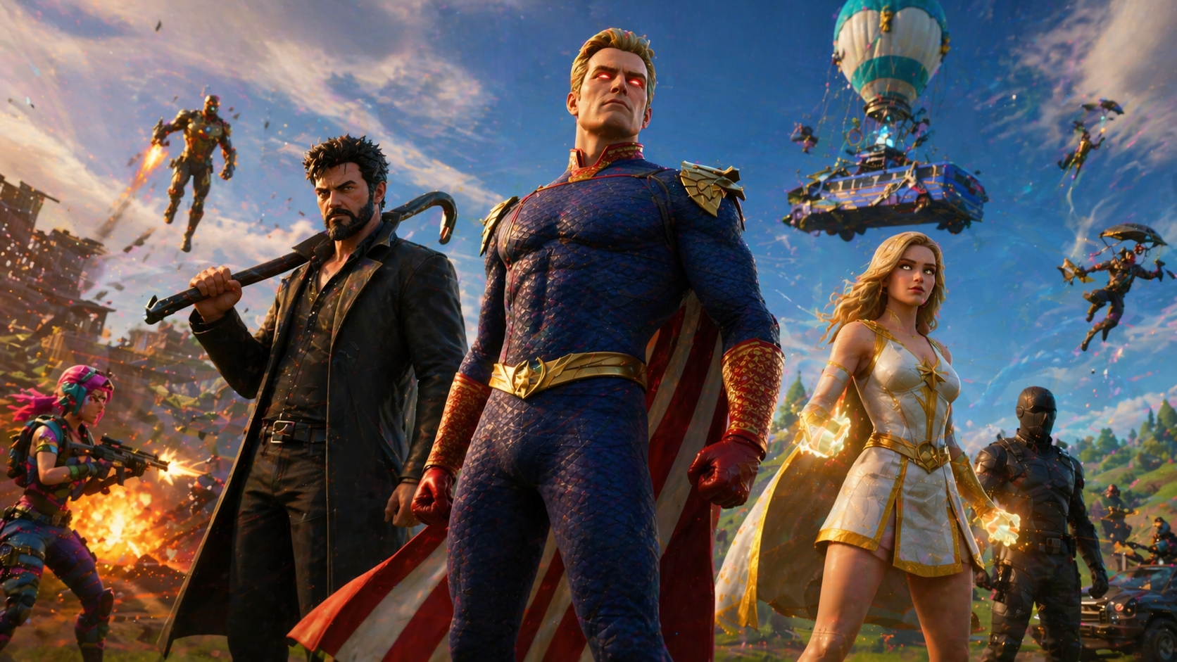 Crossover de Fortnite con superhéroes oscuros y estética inspirada en The Boys