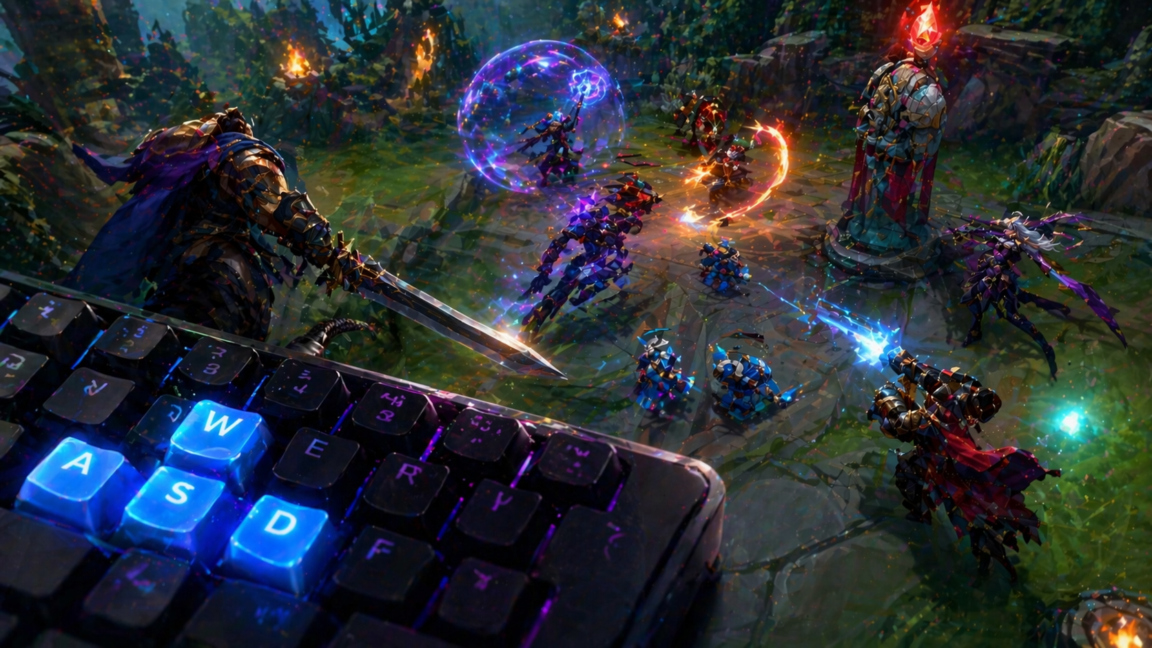 Controles WASD en League of Legends con teclado gamer y partida ranked de fondo