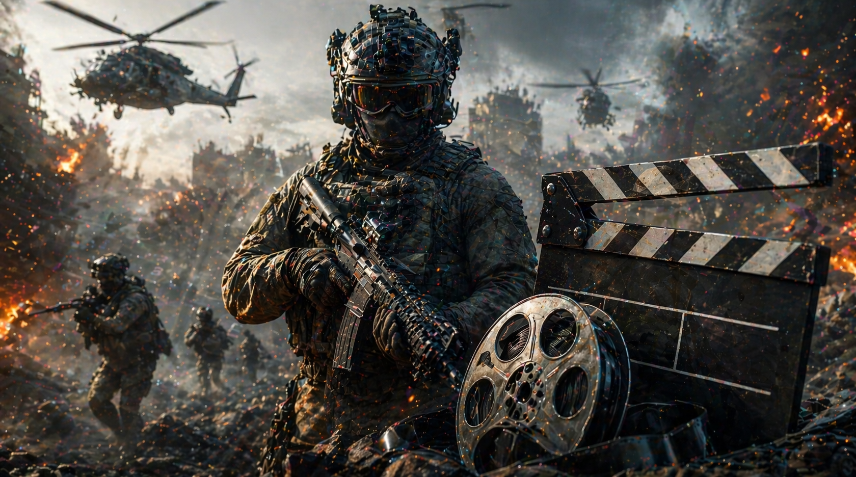 Película de Call of Duty con soldado táctico, explosiones y elementos de cine