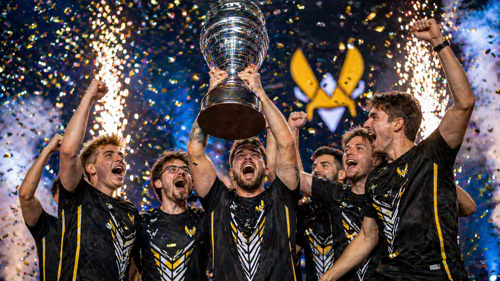 Vitality celebra el título de IEM Rio 2026 con el trofeo y confeti en el escenario