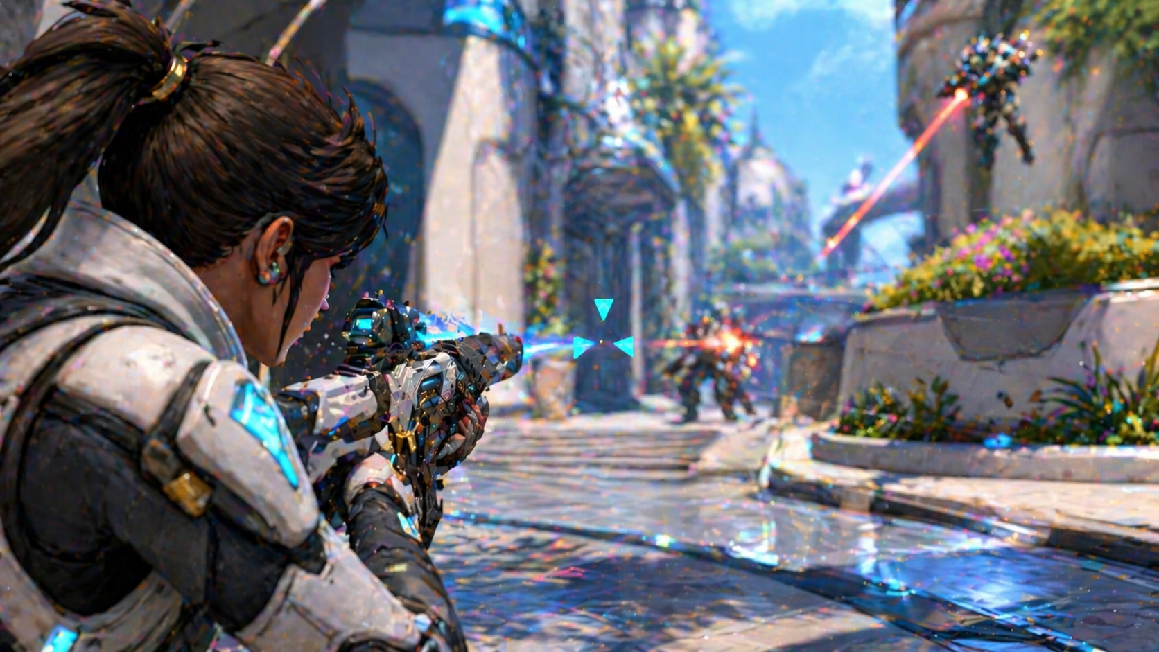 Sierra apuntando con una mira cian en una escena futurista de Overwatch