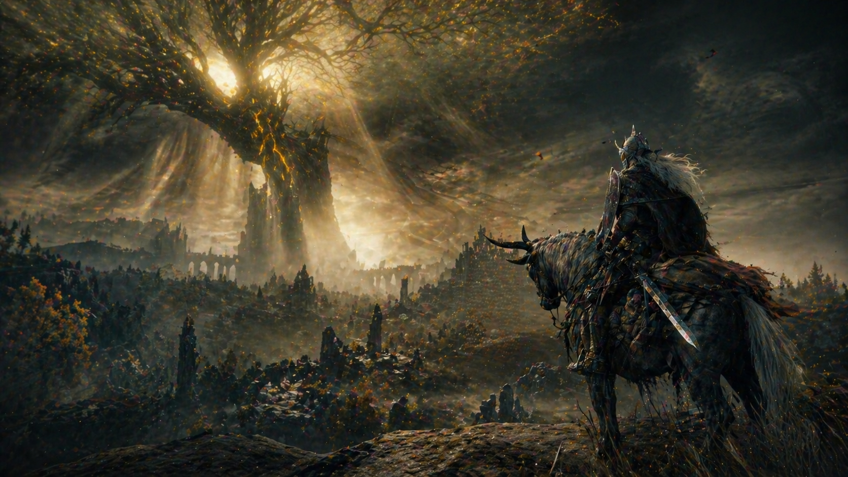 Escena épica inspirada en Elden Ring con guerrero en un mundo oscuro y fantasía