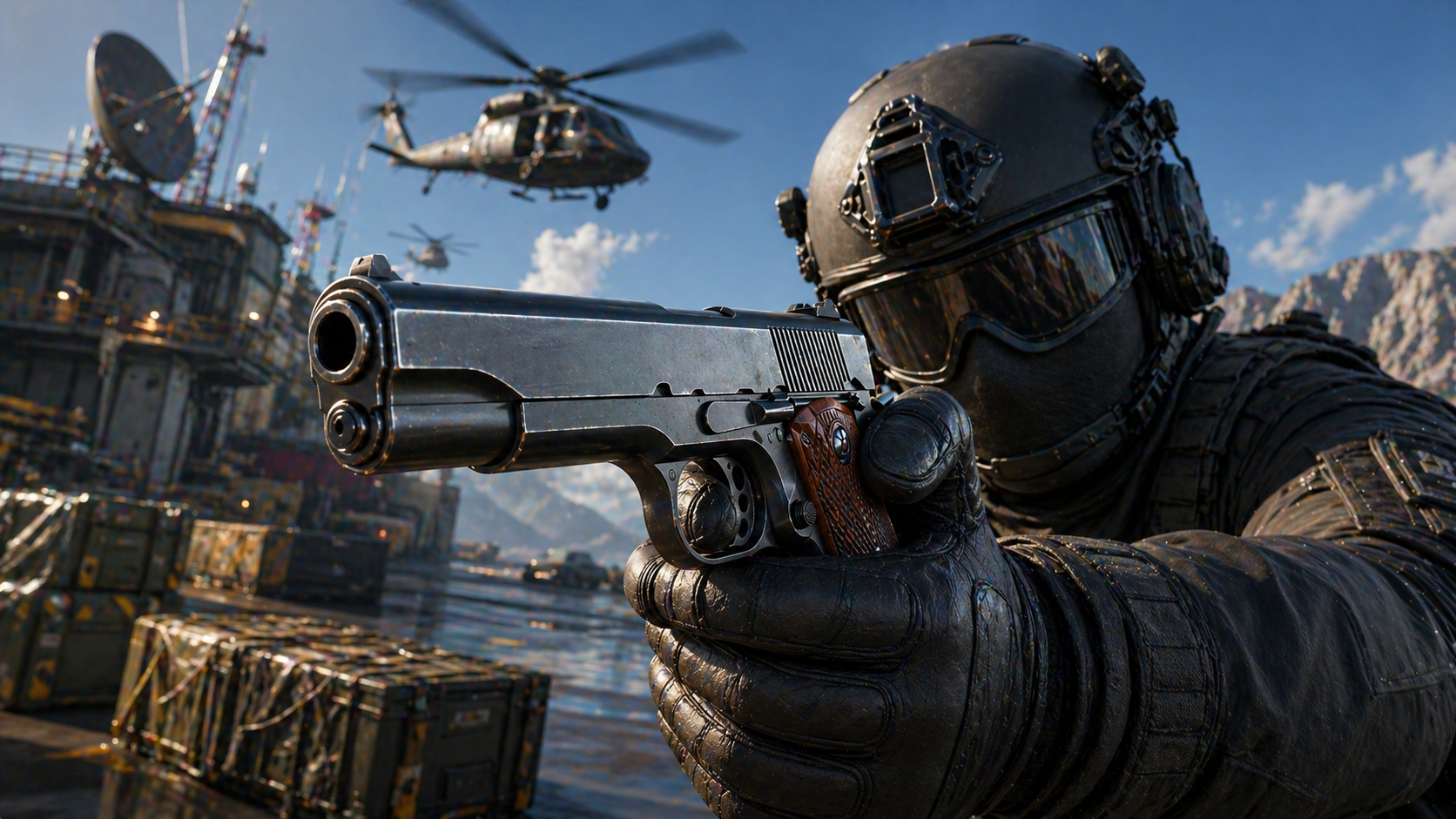 Pistola 1911 en Black Ops 7 y Warzone con soldado táctico en estilo cinematic CGI