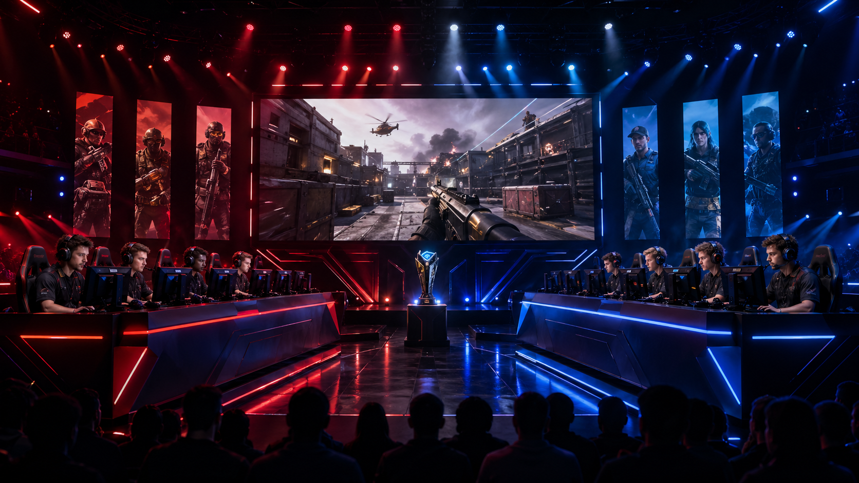 Escenario de esports de Call of Duty con dos equipos compitiendo en clasificatorias CDL Major 3 2026