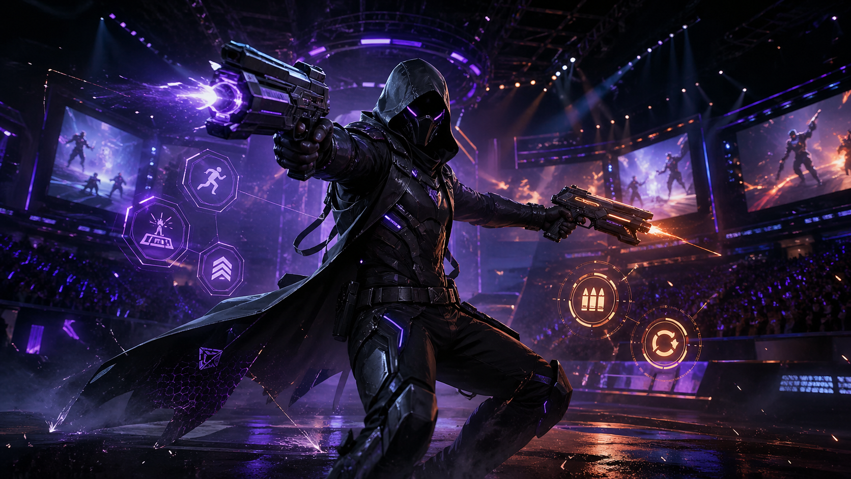 Héroe DPS futurista con pistolas dobles y perks visuales en una arena competitiva de esports