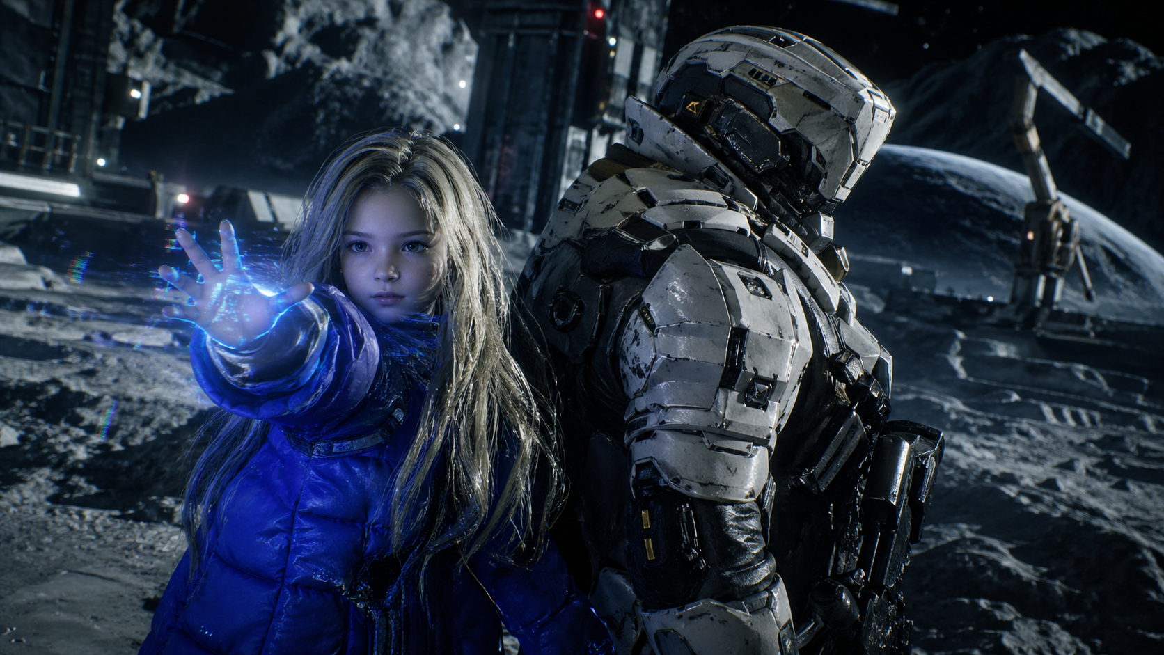 Niña androide y soldado futurista en una base lunar de ciencia ficción inspirada en Pragmata