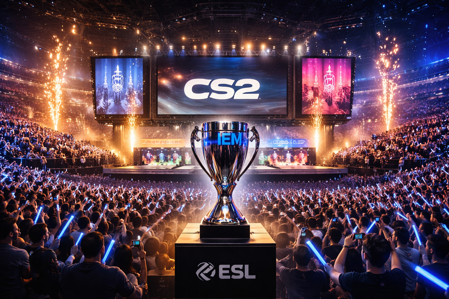 Trofeo en el escenario de un torneo grande de Counter-Strike 2, con arena llena, público prendido y un ambiente brigido de esports