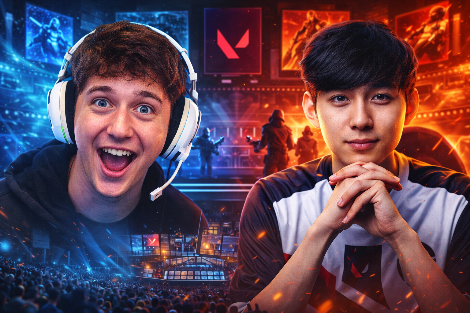 Streamer y jugador pro en una escena competitiva de VALORANT, con luces de arena, público y un ambiente full esports