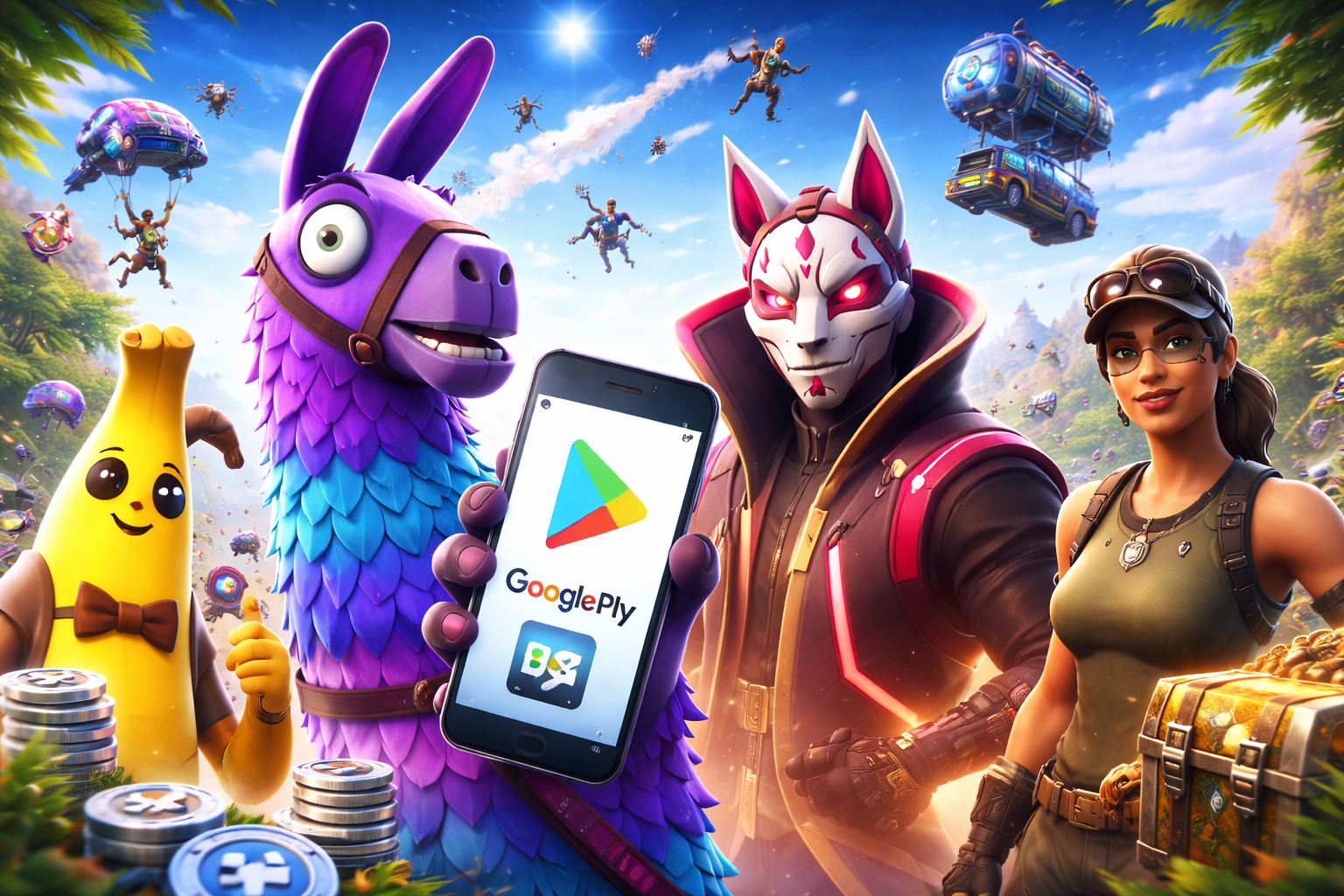 Personajes de Fortnite en una escena colorida con celular, botín y ambiente competitivo por el regreso del juego a Google Play