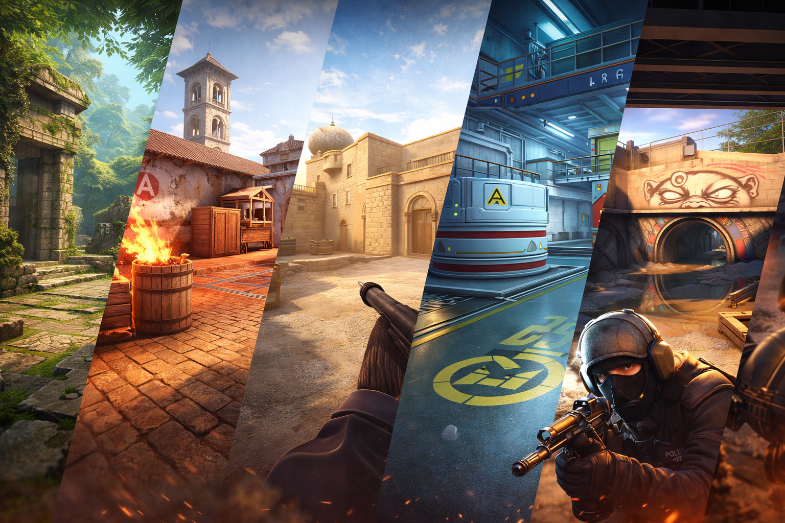 Escenas de varios mapas competitivos de CS2, con ambientaciones distintas y un estilo bien intenso de esports