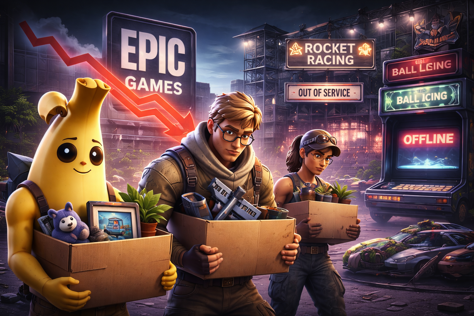 Personajes de Fortnite en una escena más oscura, con cajas, modos cerrados y un ambiente bien tenso tras los recortes de Epic Games