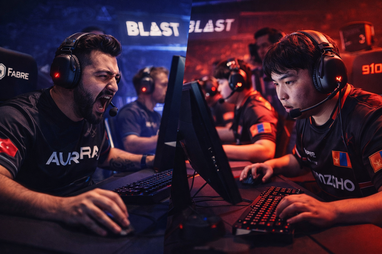 Jugadores compitiendo en un duelo intenso de Counter-Strike sobre escenario, con luces de arena y ambiente full esports