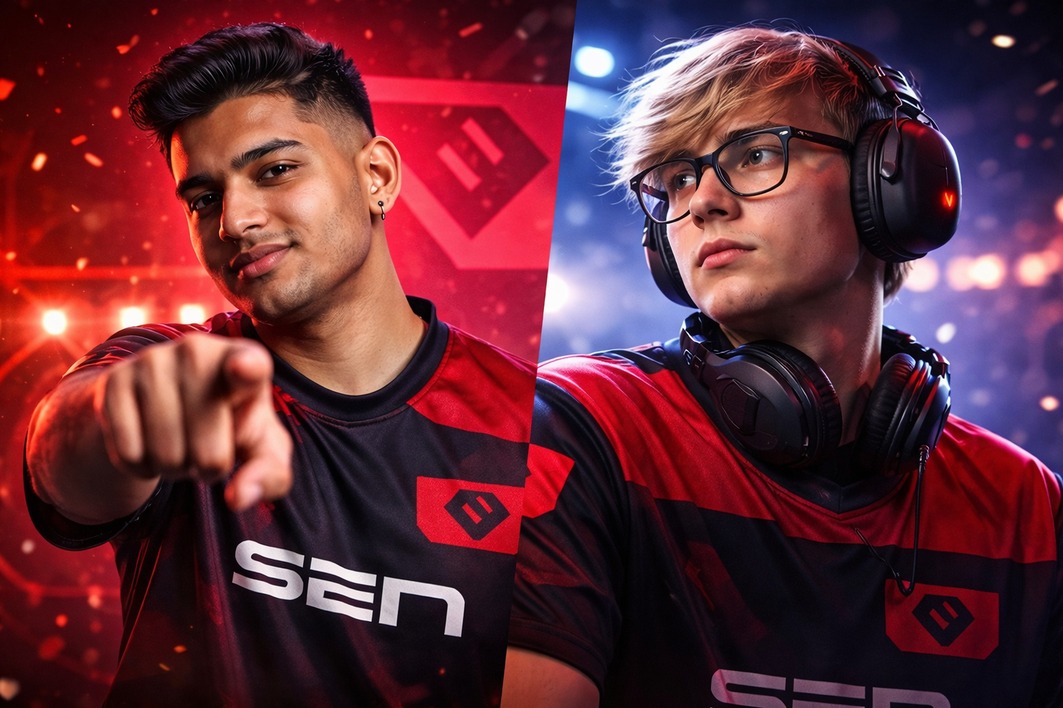 Dos jugadores en una escena competitiva de VALORANT con la estética de Sentinels, luces de arena y un ambiente súper intenso