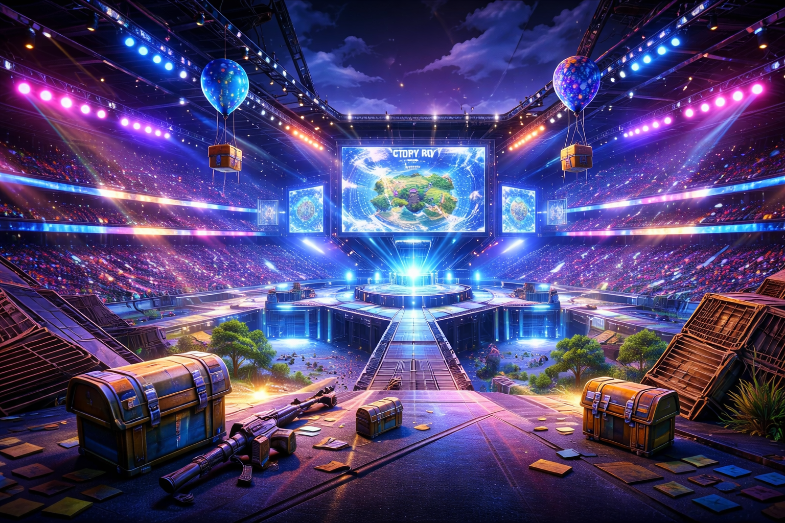 Arena futurista inspirada en Fortnite, con botín, luces intensas y una atmósfera competitiva bien potente